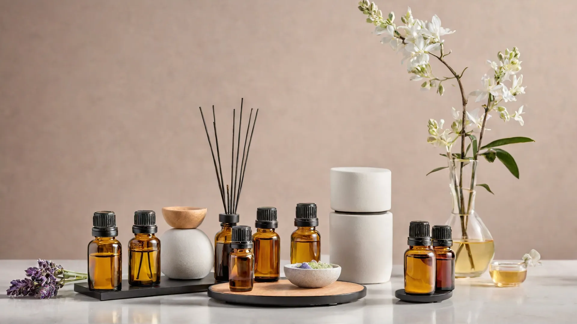 A serene image of essential oil bottles, diffusers, and calming nature backgrounds