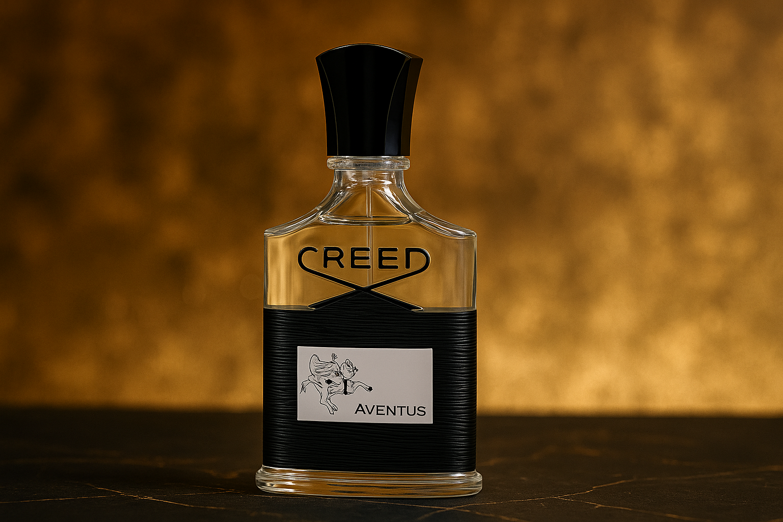 Bottle of Creed Aventus perfume with luxurious background and elegant lighting
