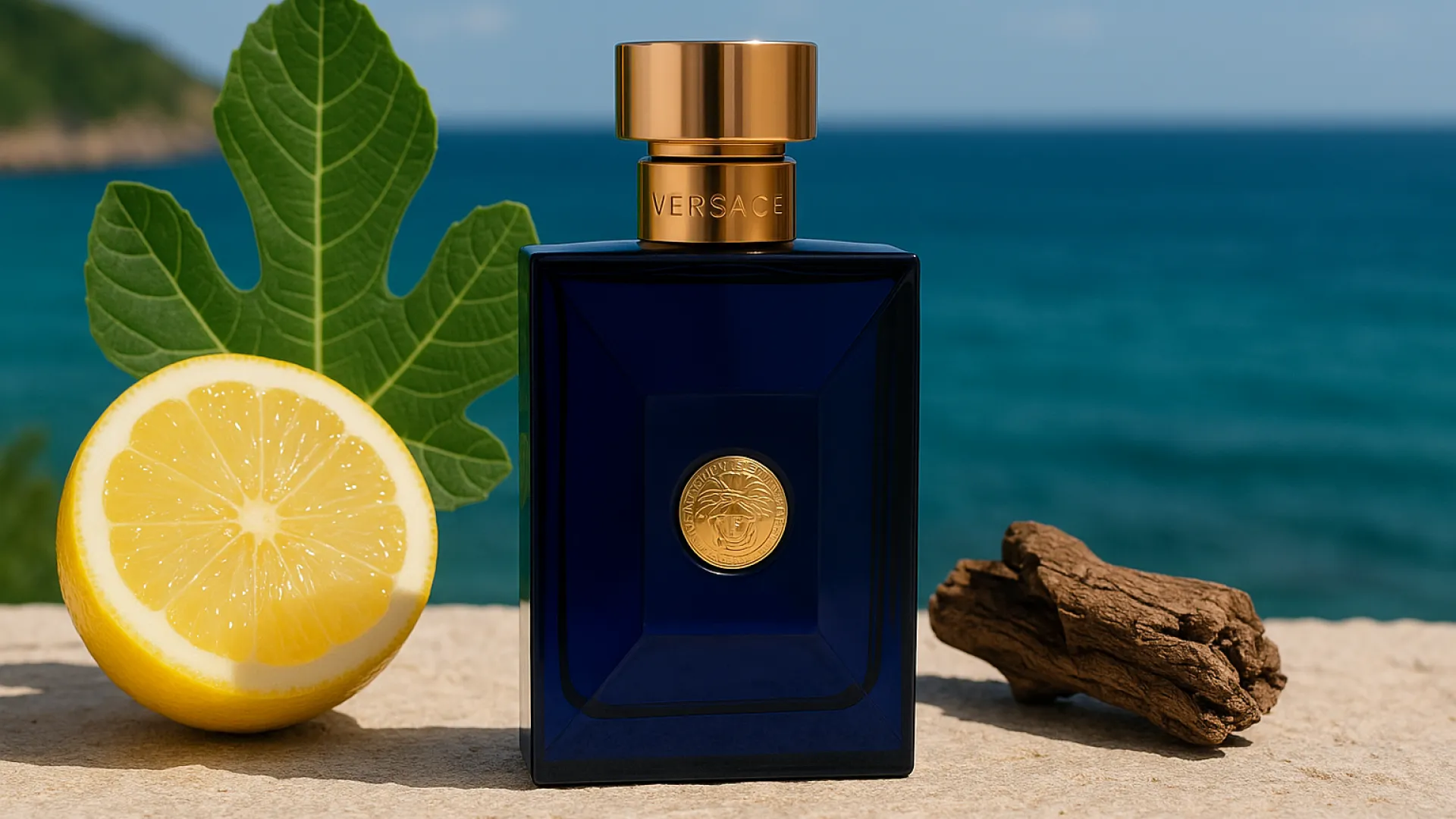 Stylish Versace Dylan Blue Pour Homme perfume bottle alongside Mediterranean natural elements