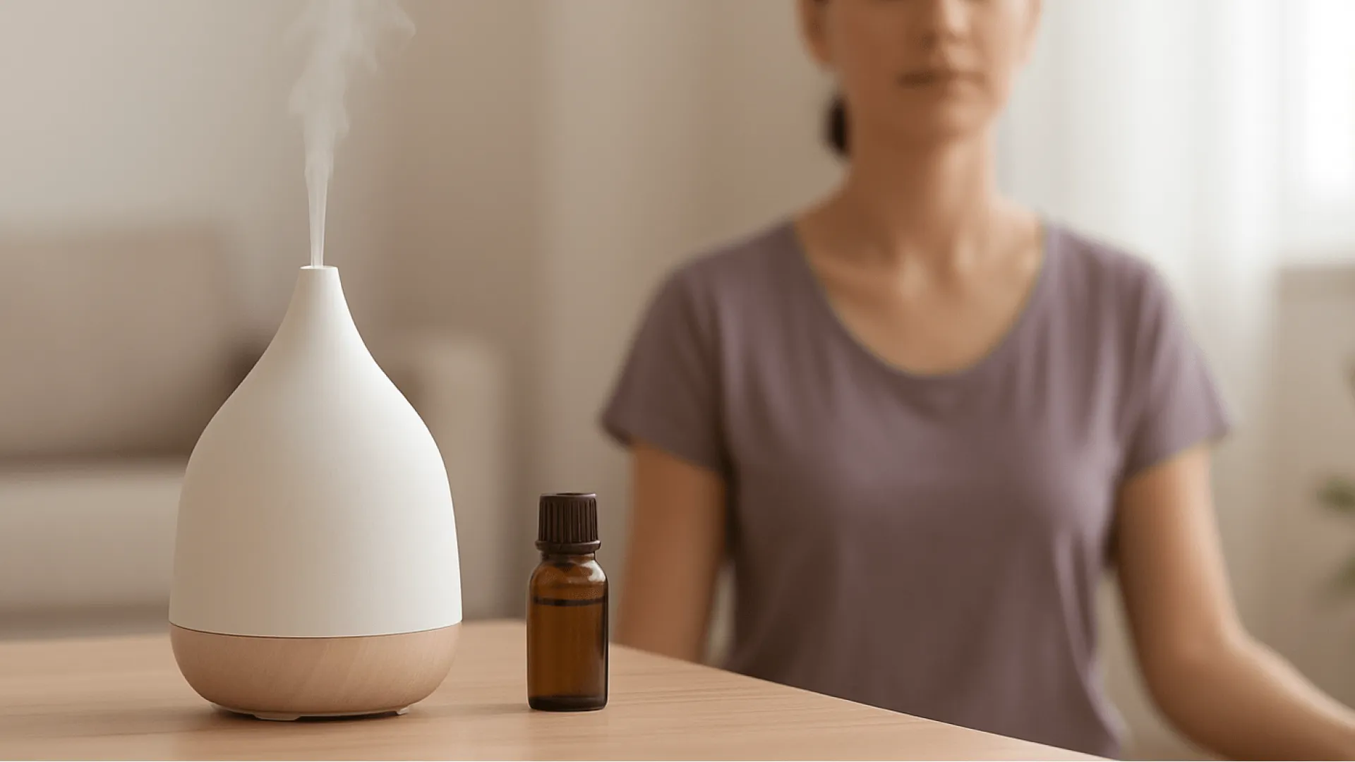 A woman finds calm through aromatherapy for stress and anxiety, meditating in a serene room with an essential oil diffuser and lavender in the foreground.