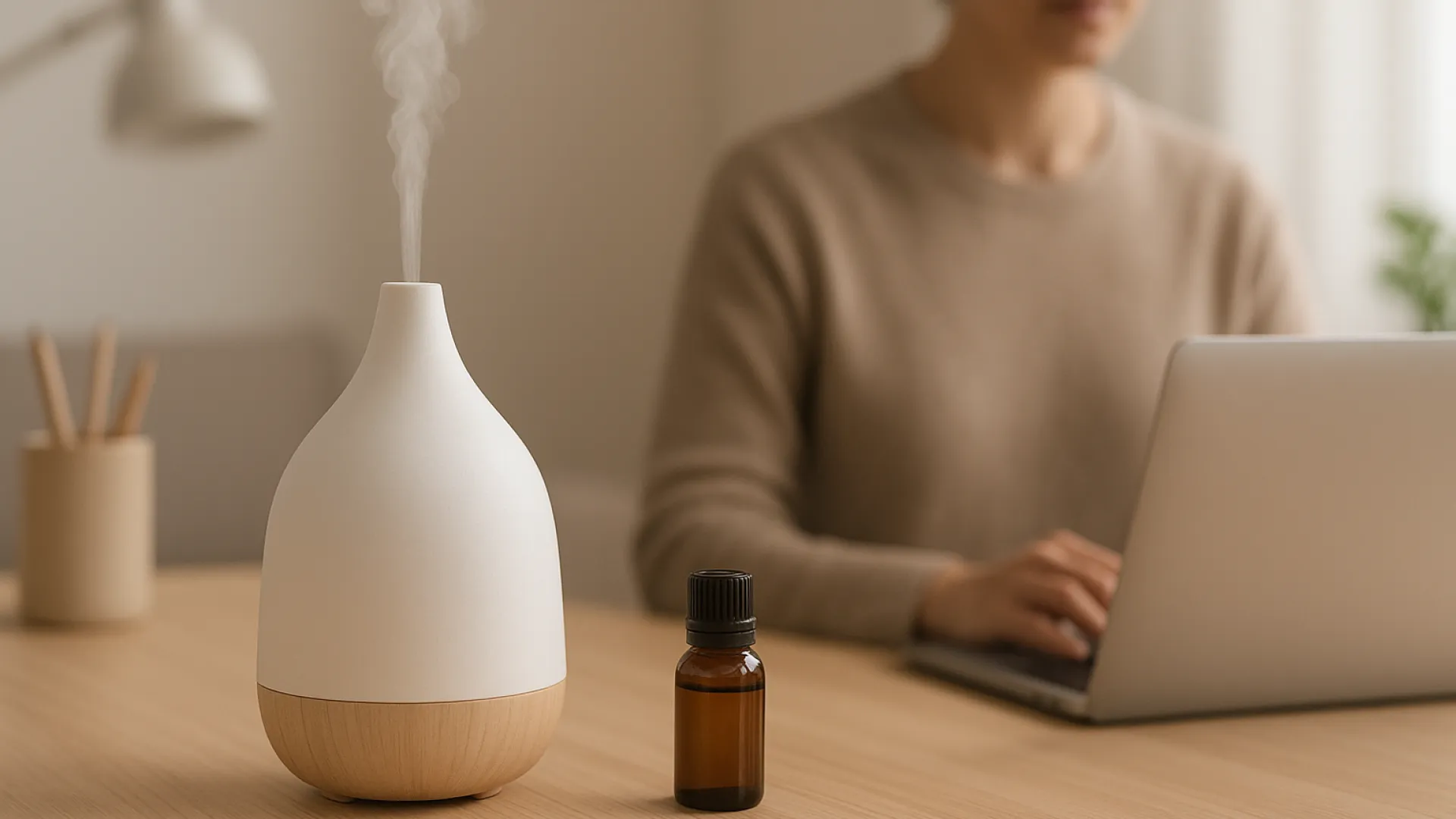 A modern and clean desk setup with a minimalist essential oil diffuser releasing steam, a bottle of rosemary essential oil, and a person in the background focused on their work on a laptop, embodying the concept of functional fragrance for productivity.