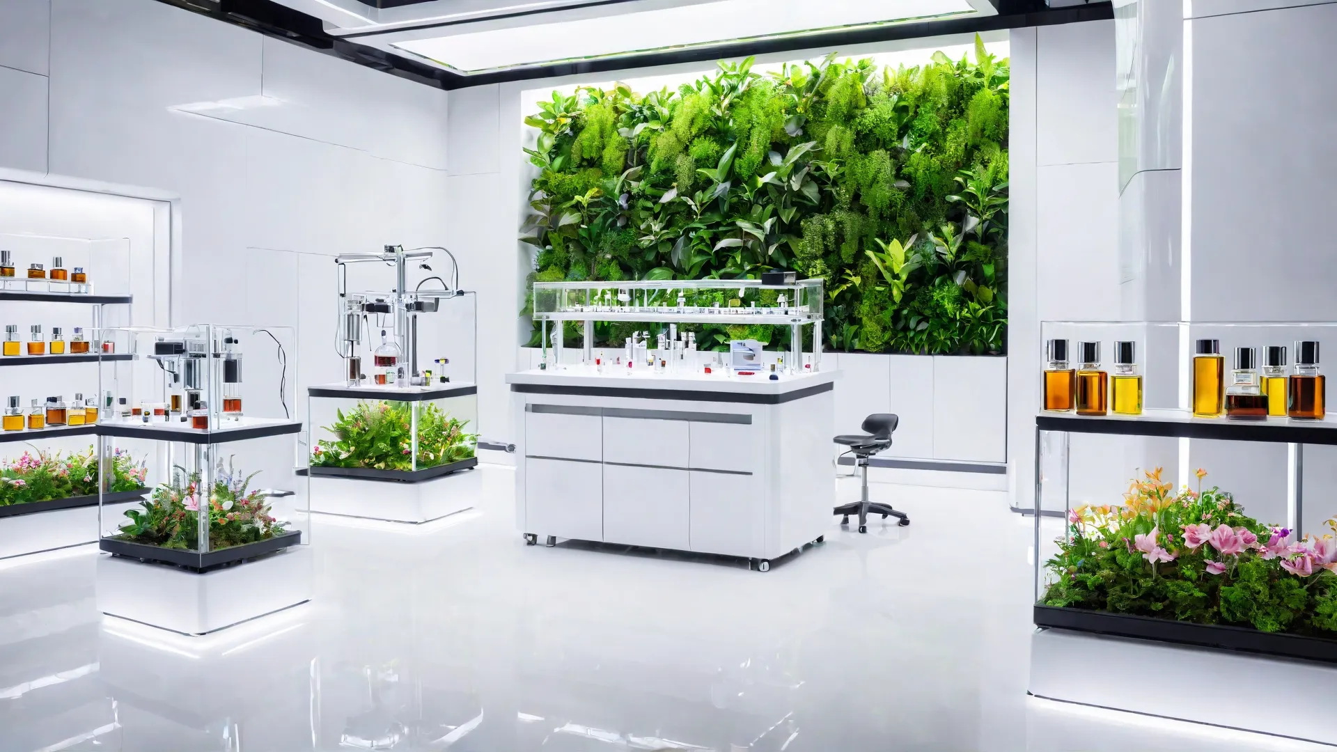 A futuristic laboratory with scientists working on biotechnology equipment, surrounded by lush greenery and natural elements like agarwood trees and blooming flowers, symbolizing the fusion of technology and nature in sustainable fragrance creation.
