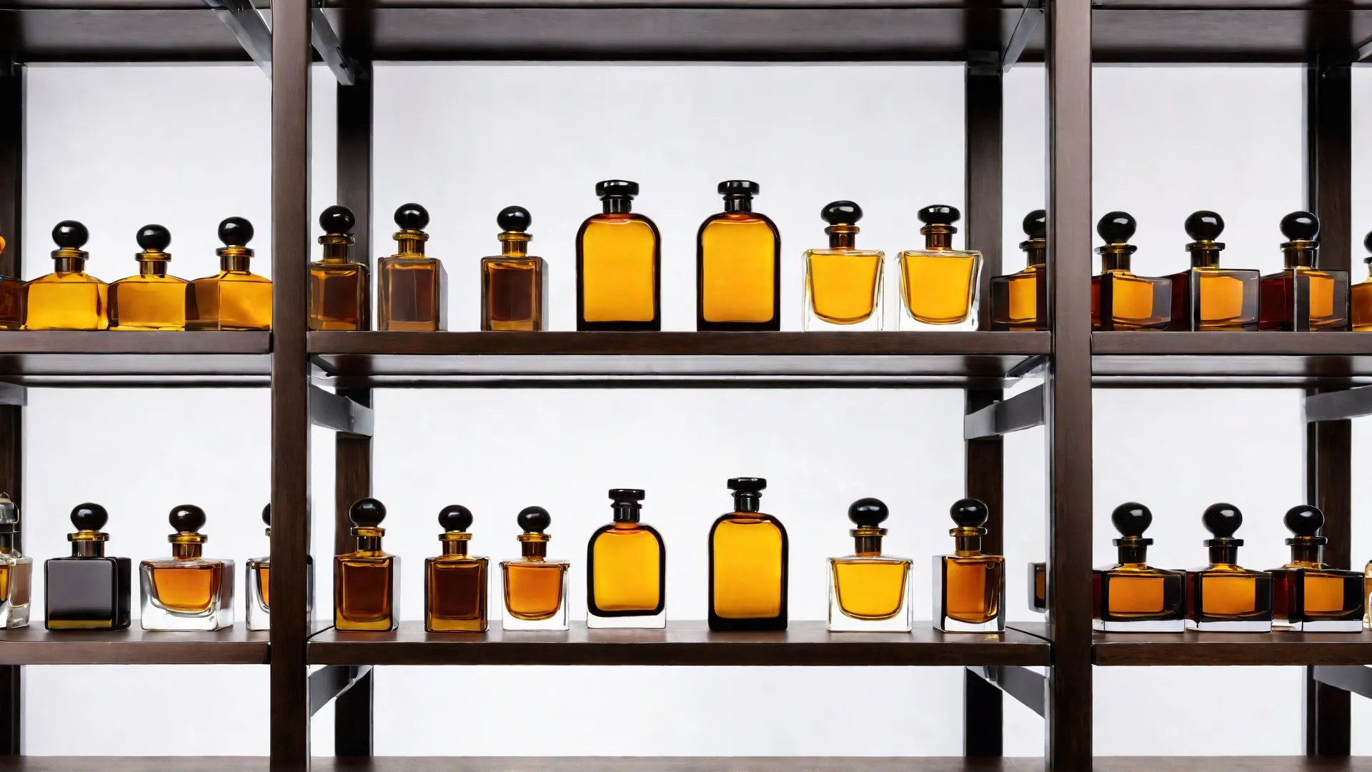 A dimly lit, vintage apothecary shelf lined with elegant glass perfume bottles, their amber liquids glowing softly, surrounded by faint wisps of fragrance and subtle hints of oak barrels, evoking the mystique of aged scents.