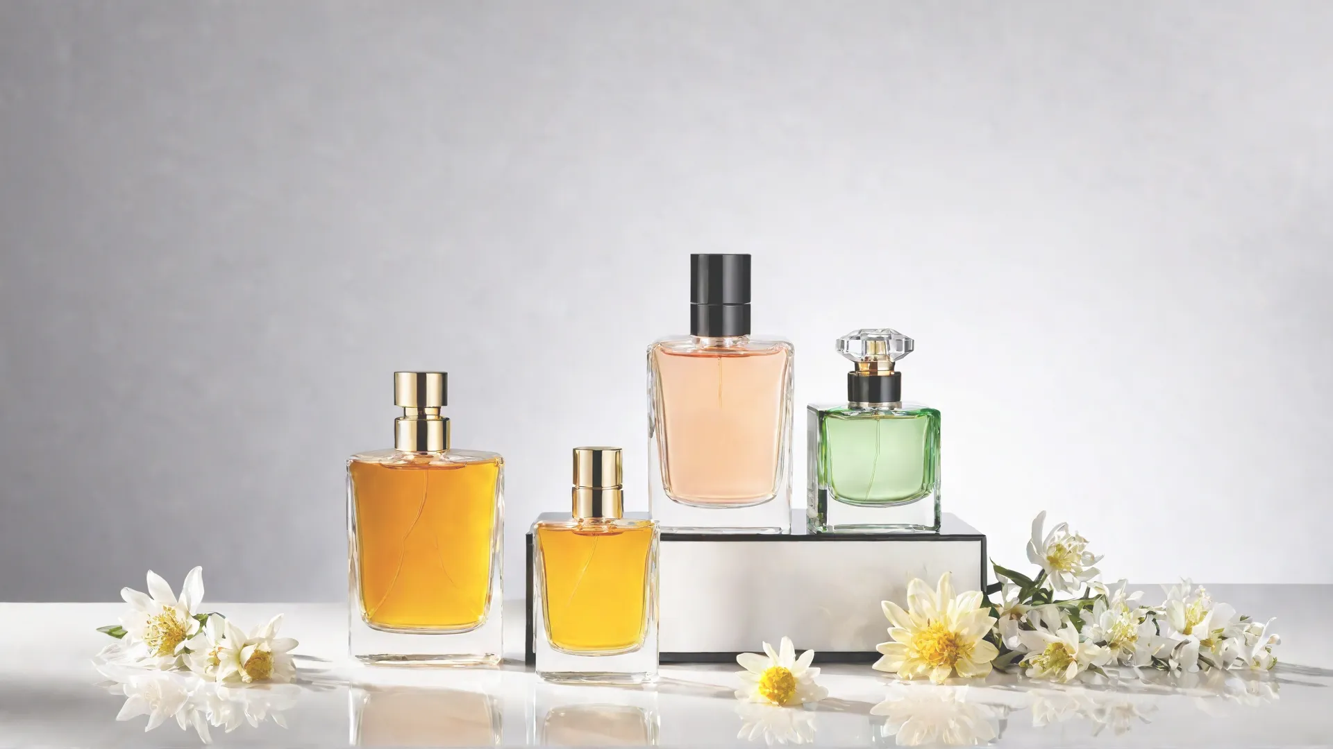 A stylish vanity table featuring three elegant perfume bottles, each surrounded by morning sunlight, afternoon flowers, and evening stars, representing scents for different times of the day.