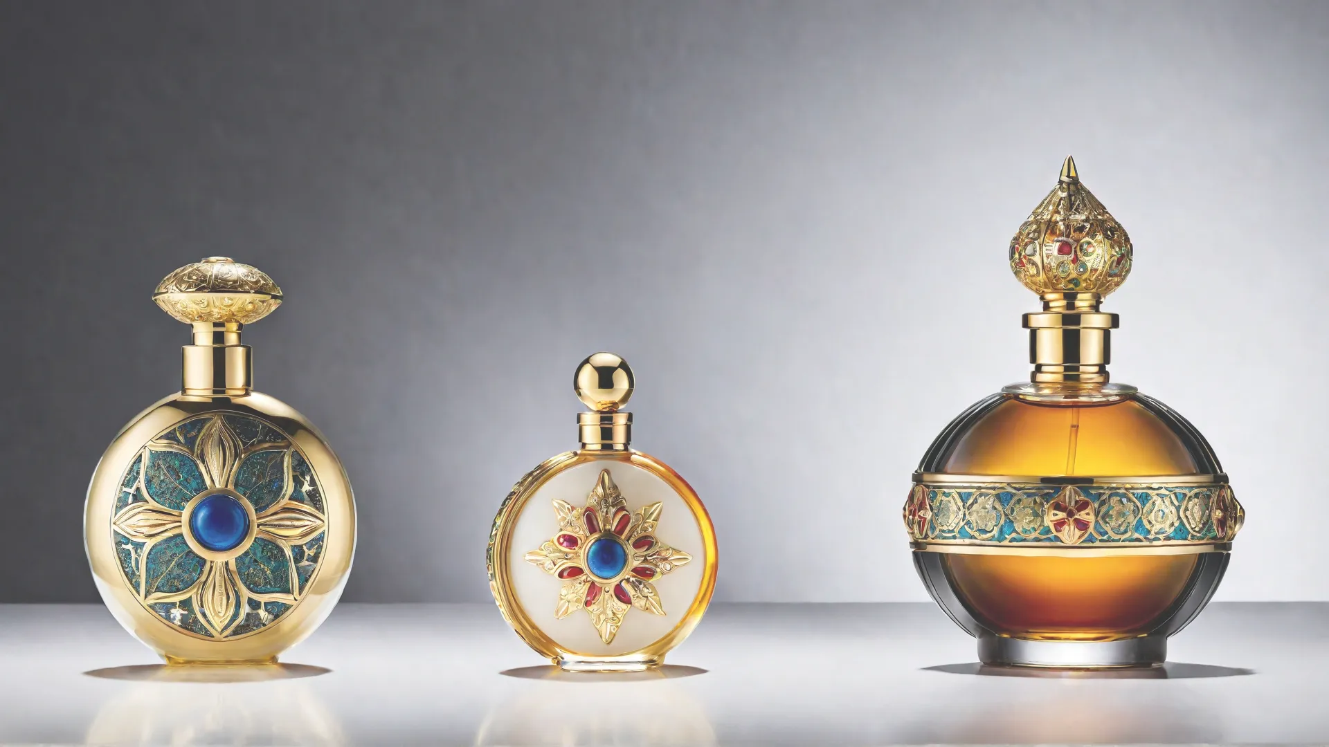 An artistic illustration of ancient perfume bottles and cultural motifs