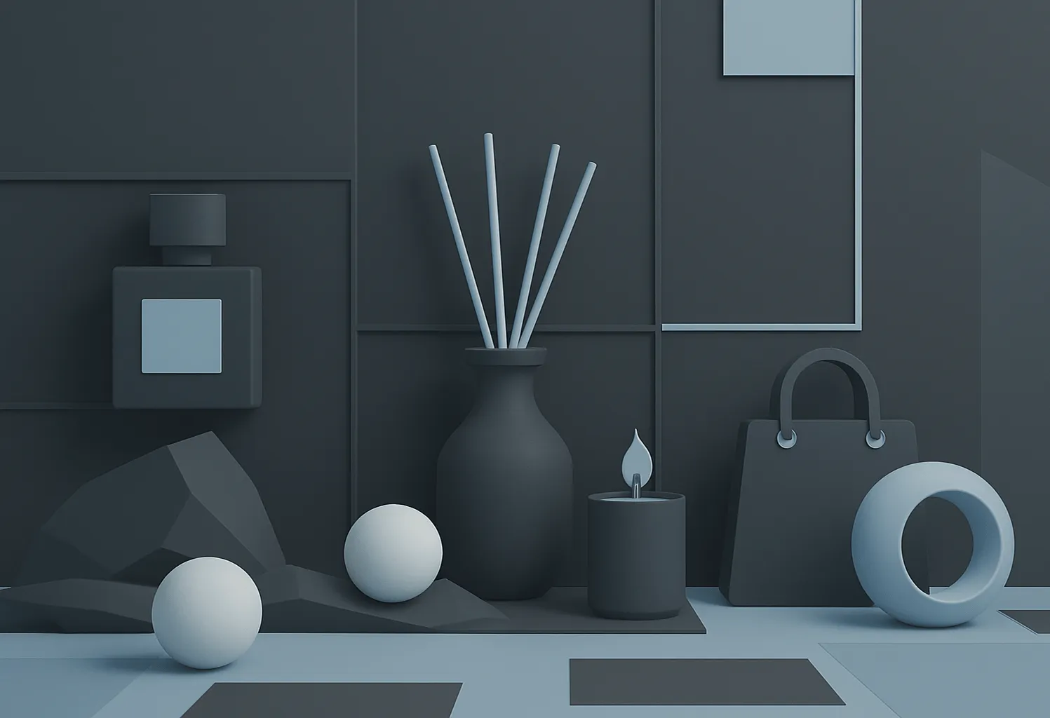 The picture shows a simple, abstract scene made out of white and blue geometric shapes.