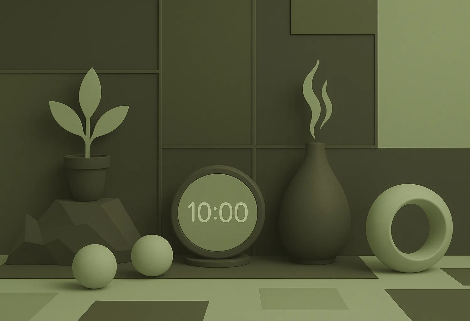 A collection of abstract shapes in pastel green and beige, such as spheres, geometric shapes, and layered cloth, are set on a platform against a textured green background in a minimalist still life, creating a soothing and tranquil atmosphere.
