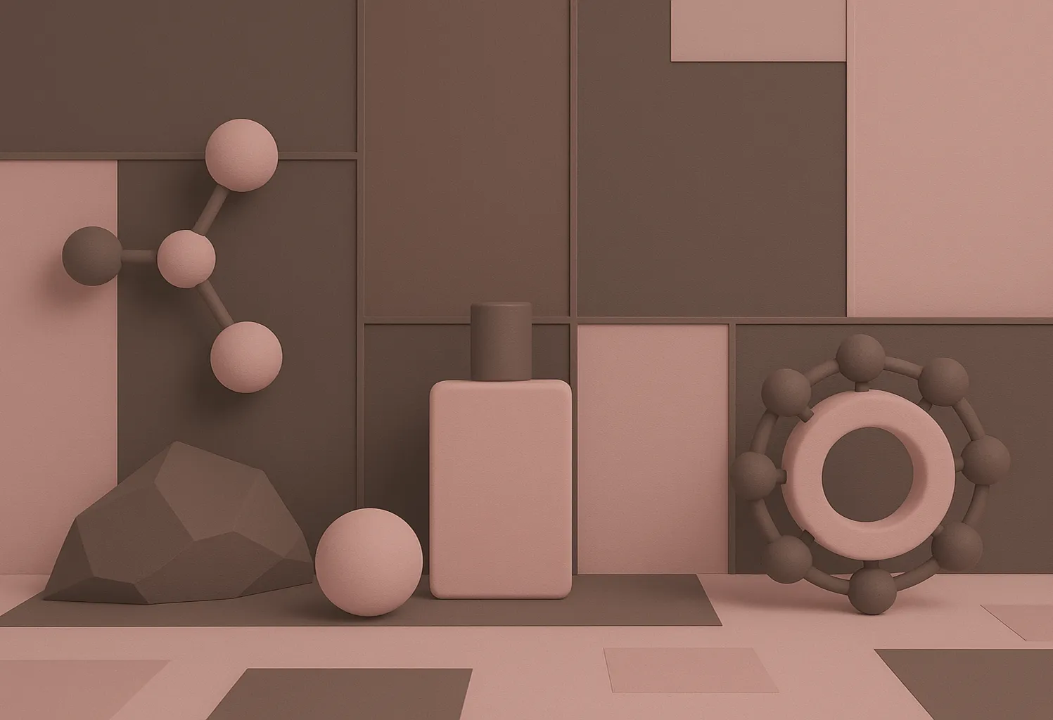 Against a darker pink background, a minimalist, monochromatic image shows a little, stylized tree and a pink sphere resting on a pale pink, geometric shelf.