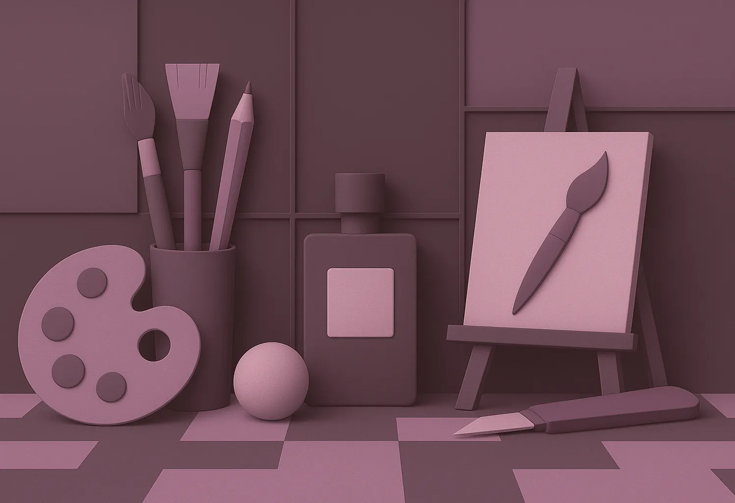 A minimalist environment with white and purple geometric objects, including big gears and architectural-like buildings, is shown in a stylized 3D depiction, giving it an abstract and slightly industrial look.