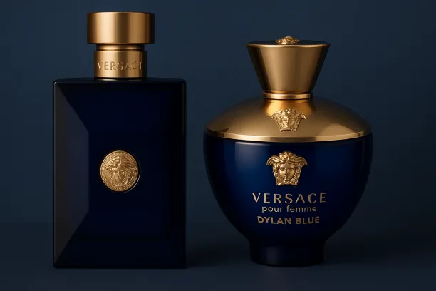 Artistic image of the Versace Dylan Blue men's and women's bottles side by side, with an arrangement that shows their harmony