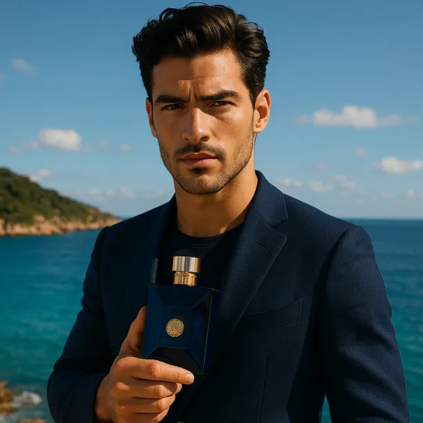 Image of a stunning Mediterranean landscape or a confident model showcasing Versace Dylan Blue perfume