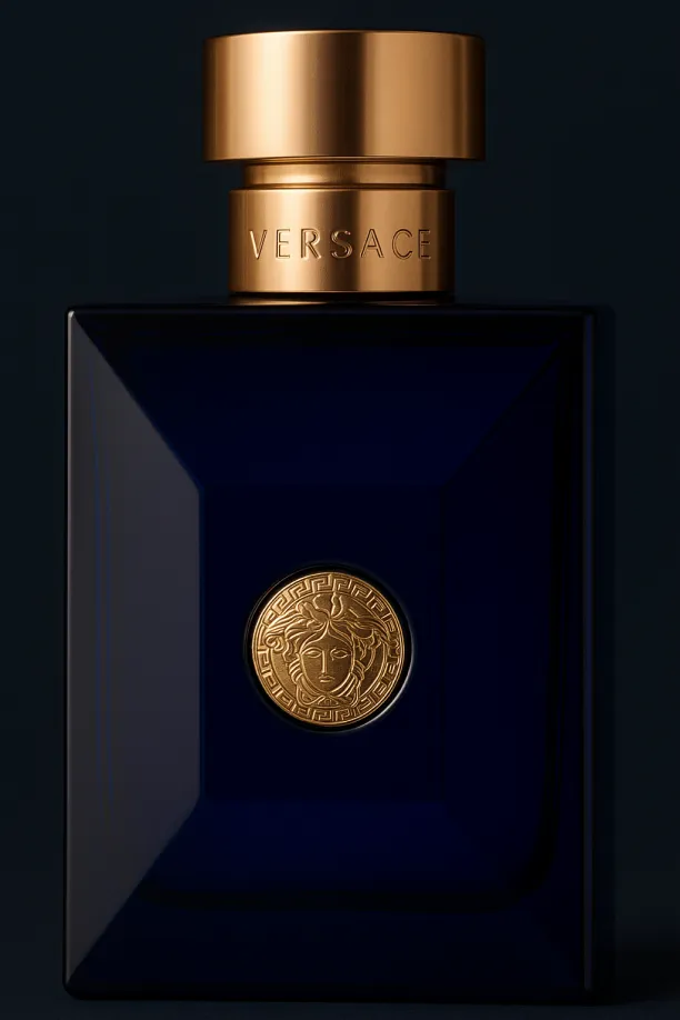 High-quality and close-up image of the Versace Dylan Blue perfume bottle, focusing on the deep blue color, golden cap, and embossed Medusa logo